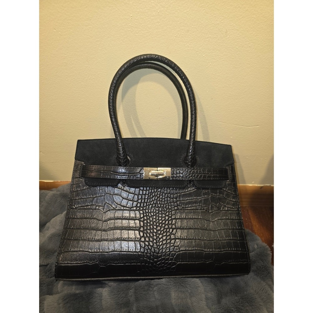 Georgio's and Son Black Croc Embossed Satchel Handbag with Crossbody Strap - Picture 2 of 16
